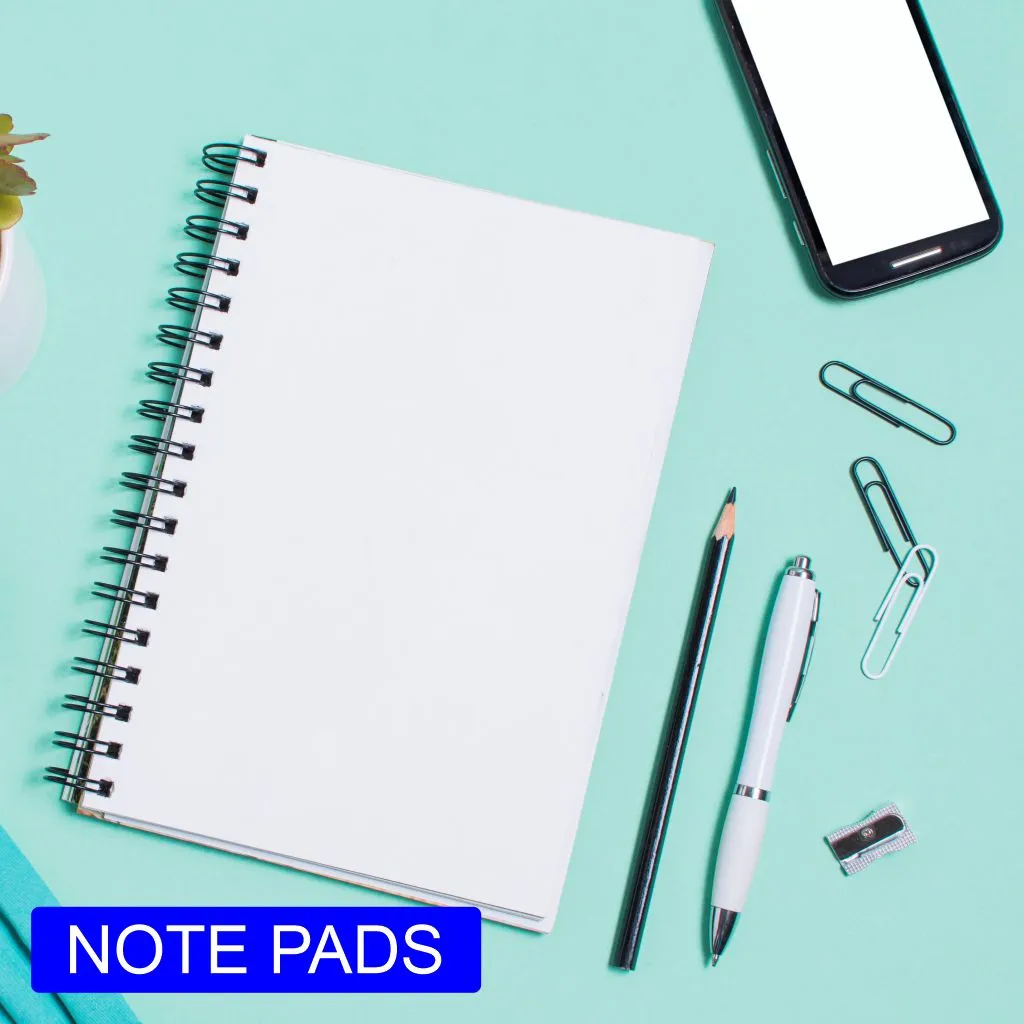 Note pads, Notepads, Writing pads, Memo pads, Spiral notepads, Wirebound notepads, Custom note pads, Personalized notepads, Mini note pads, Pocket notepads, Sticky note pads, Lined note pads, Blank note pads, Grid note pads, Dot grid note pads, College ruled notepads, Wide ruled notepads, Executive note pads, Legal pads, Office note pads, Business note pads, School notepads, Professional note pads, Designer note pads, Cute note pads, Vintage note pads, Eco-friendly note pads, Recycled paper notepads, Leather-bound note pads, Budget-friendly note pads.