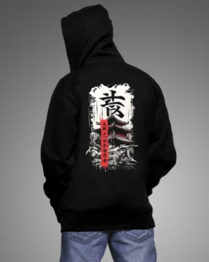 unisex black anime hoodie, anime back print hoodie, Naruto inspired hoodie, Rurouni Kenshin streetwear, anime street fashion hoodie, otaku apparel, The Blue Beast hoodie, black printed hoodie, kanji calligraphy hoodie, anime-inspired clothing, anime fan hoodie.