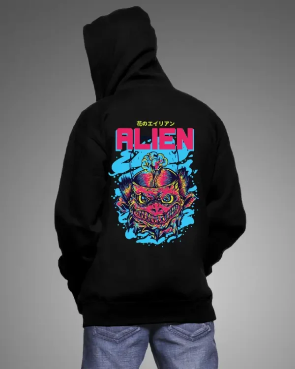 Alien graphic black hoodie, Unisex sci-fi hoodie, Cosmic streetwear hoodie, Black hoodie with vibrant design, Relaxed fit hoodie with alien print, Cotton-polyester hoodie for casual wear.