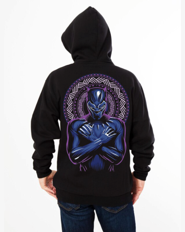 lack Panther graphic hoodie, Unisex Marvel hoodie, Wakanda Forever black hoodie, Superhero-themed streetwear, Black hoodie with vibrant design, Relaxed fit Black Panther hoodie, Cotton-polyester superhero hoodie, Marvel-inspired unisex hoodie, Casual wear Black Panther hoodie.