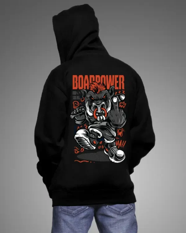 Boar power graphic hoodie, Black hoodie with bold design, Animal-themed streetwear hoodie, Unisex edgy graphic hoodie, Relaxed fit hoodie with boar print, Durable cotton hoodie for casual wear.